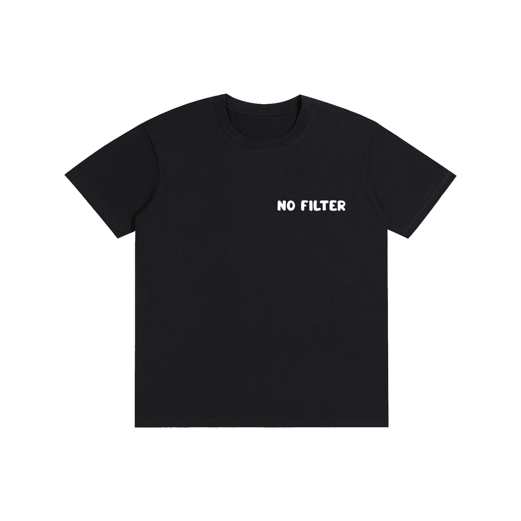 A black short-sleeve crewneck t-shirt with the text 'NO FILTER' printed in white capital letters on the left chest, displayed flat against a solid white background.