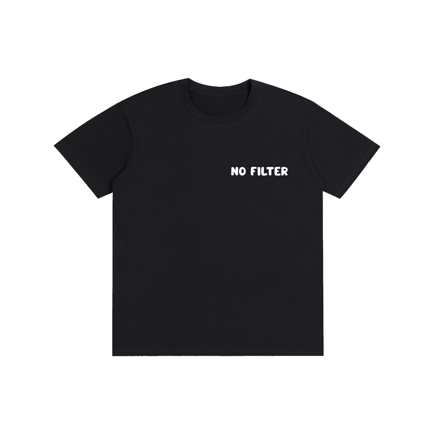 A black short-sleeve crewneck t-shirt with the text 'NO FILTER' printed in white capital letters on the left chest, displayed flat against a solid white background.